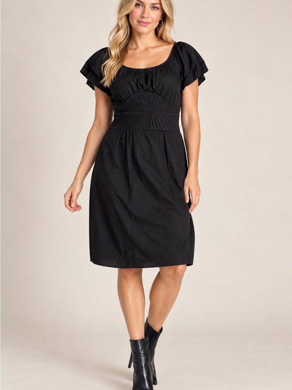 Gianni Bini Black Smocked Waist Flutter Sleeve Midi Dress 100% silk